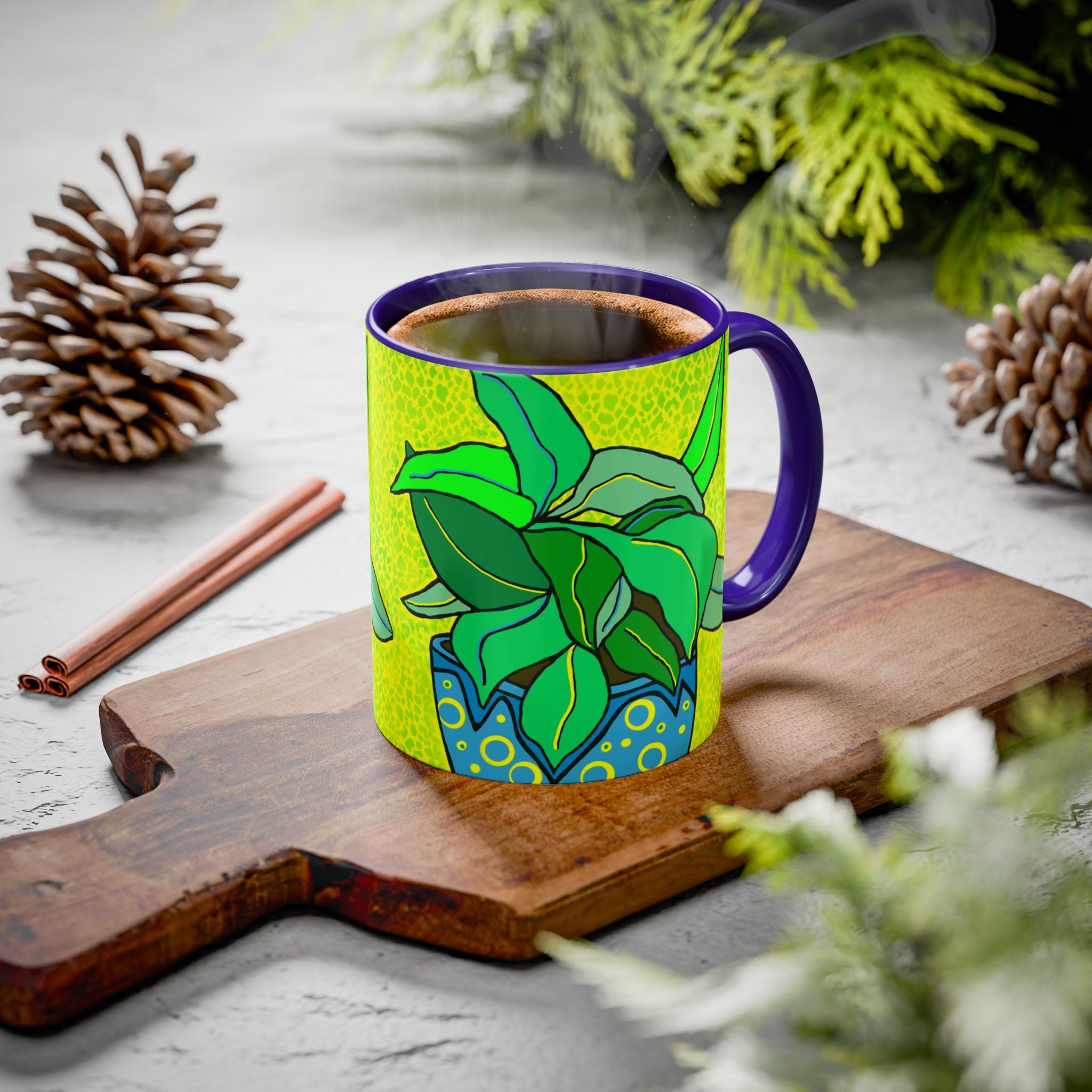 Green Potted Plant Ceramic Mug — Colorful Botanical Coffee Cup (11oz/15oz)