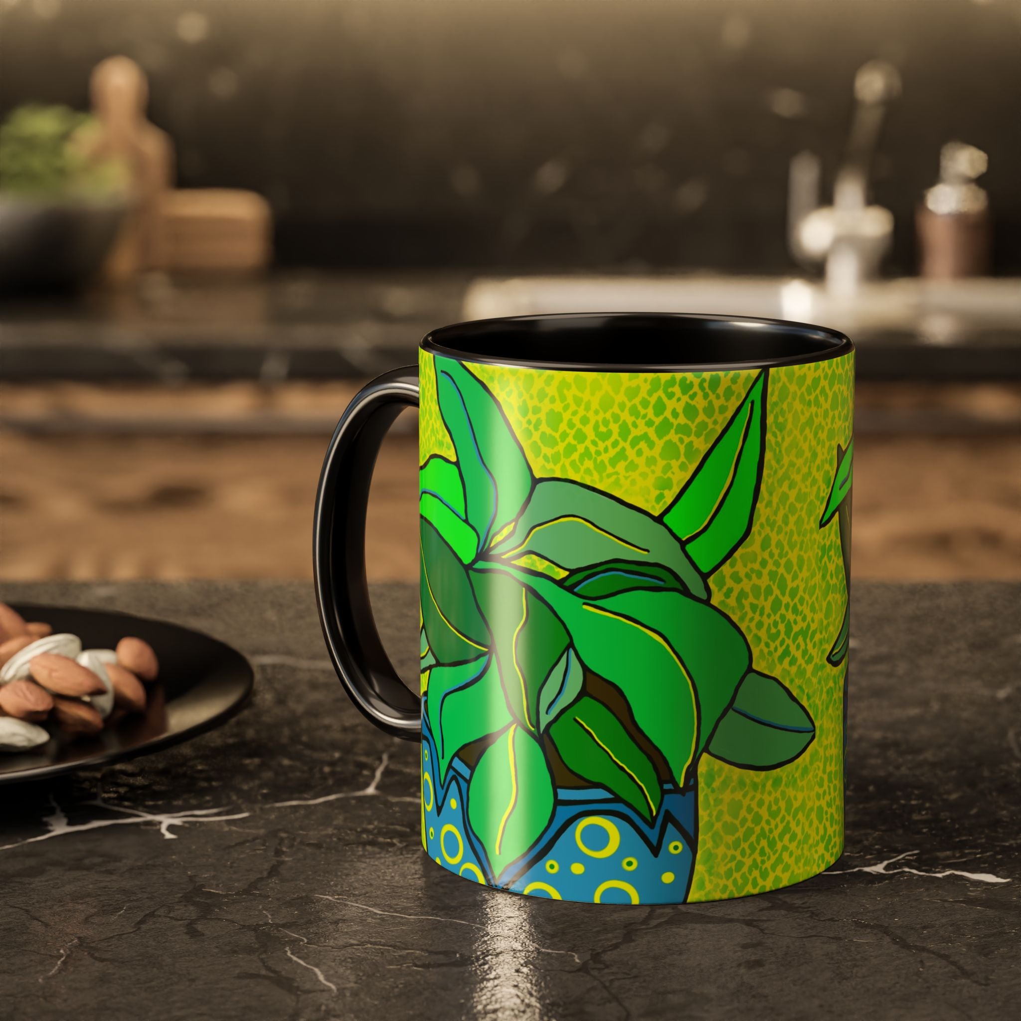 Green Potted Plant Ceramic Mug — Colorful Botanical Coffee Cup (11oz/15oz)