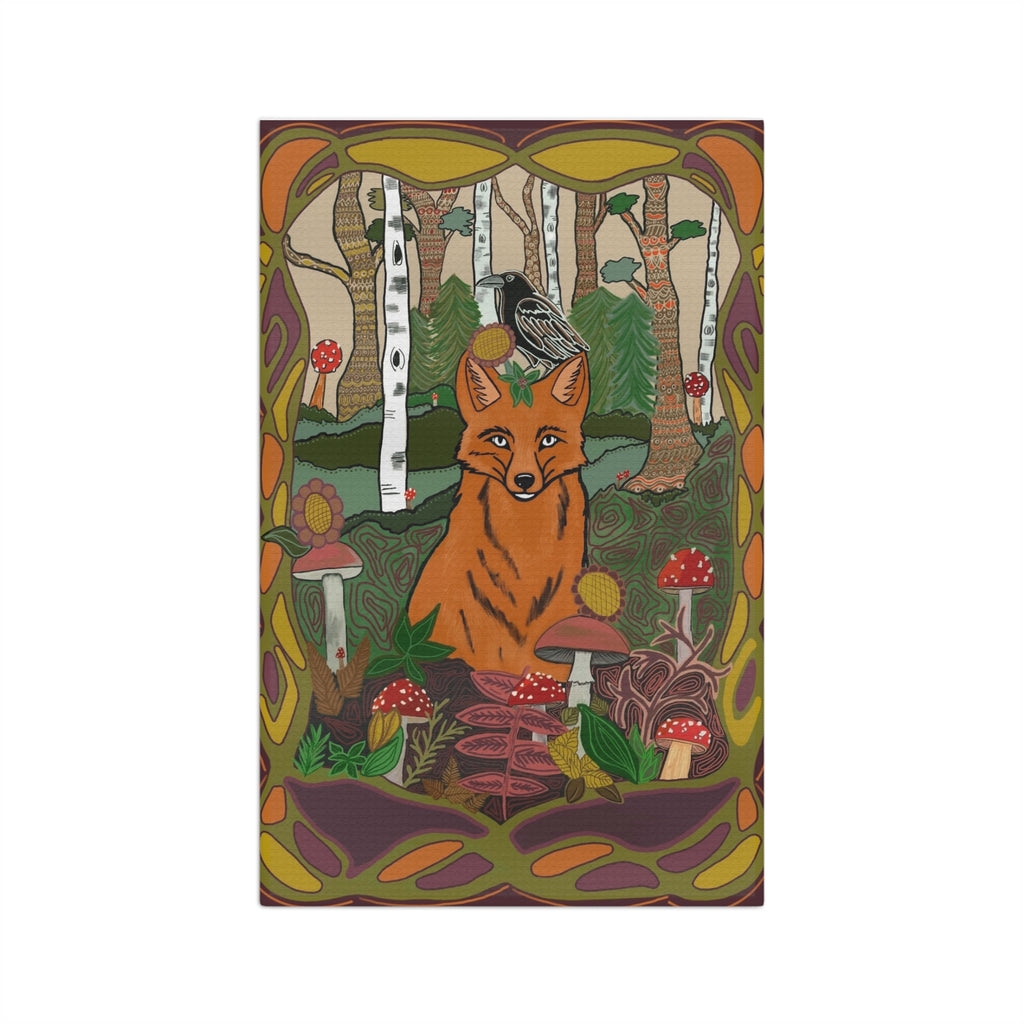 Woodland Fox Tea Towel – Autumn Mushroom Forest Microfiber Kitchen Towel