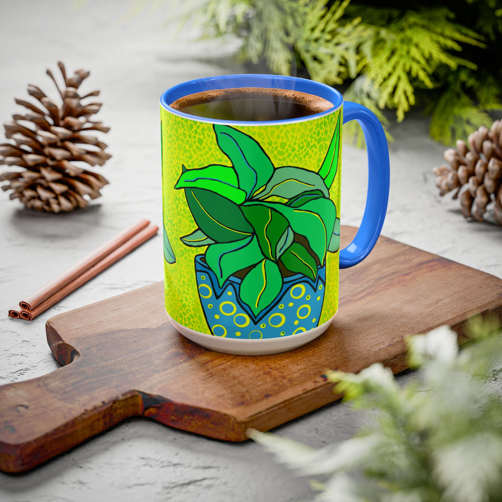 Green Potted Plant Ceramic Mug — Colorful Botanical Coffee Cup (11oz/15oz)