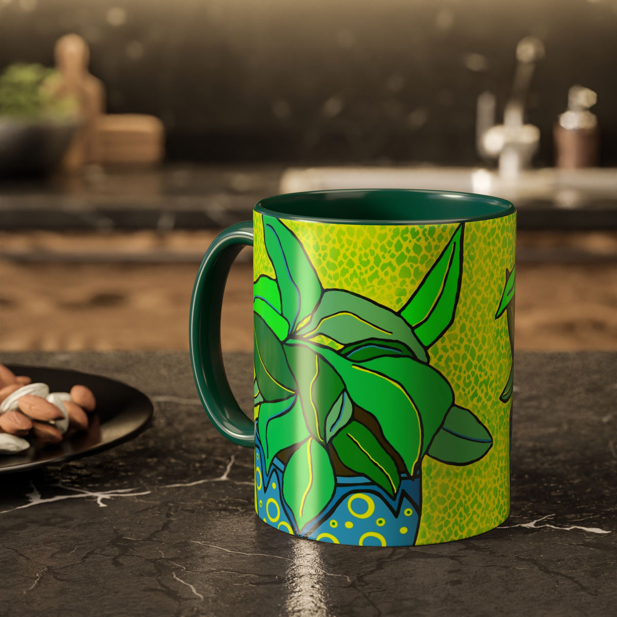 Green Potted Plant Ceramic Mug — Colorful Botanical Coffee Cup (11oz/15oz)