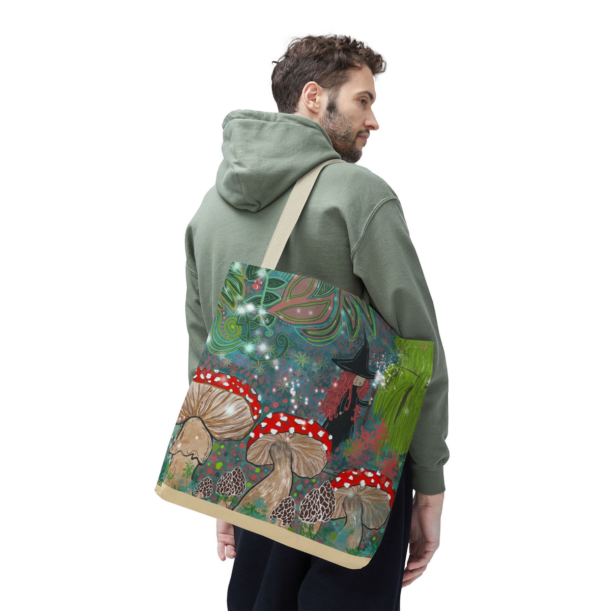 Whimsical Witch & Mushrooms Tote Bag