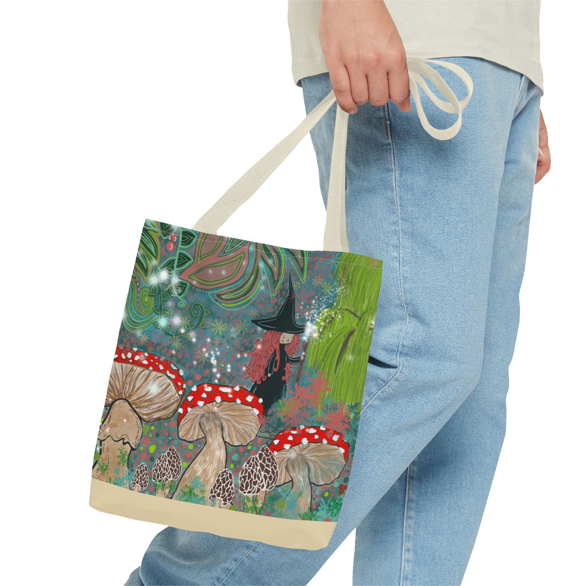 Whimsical Witch & Mushrooms Tote Bag