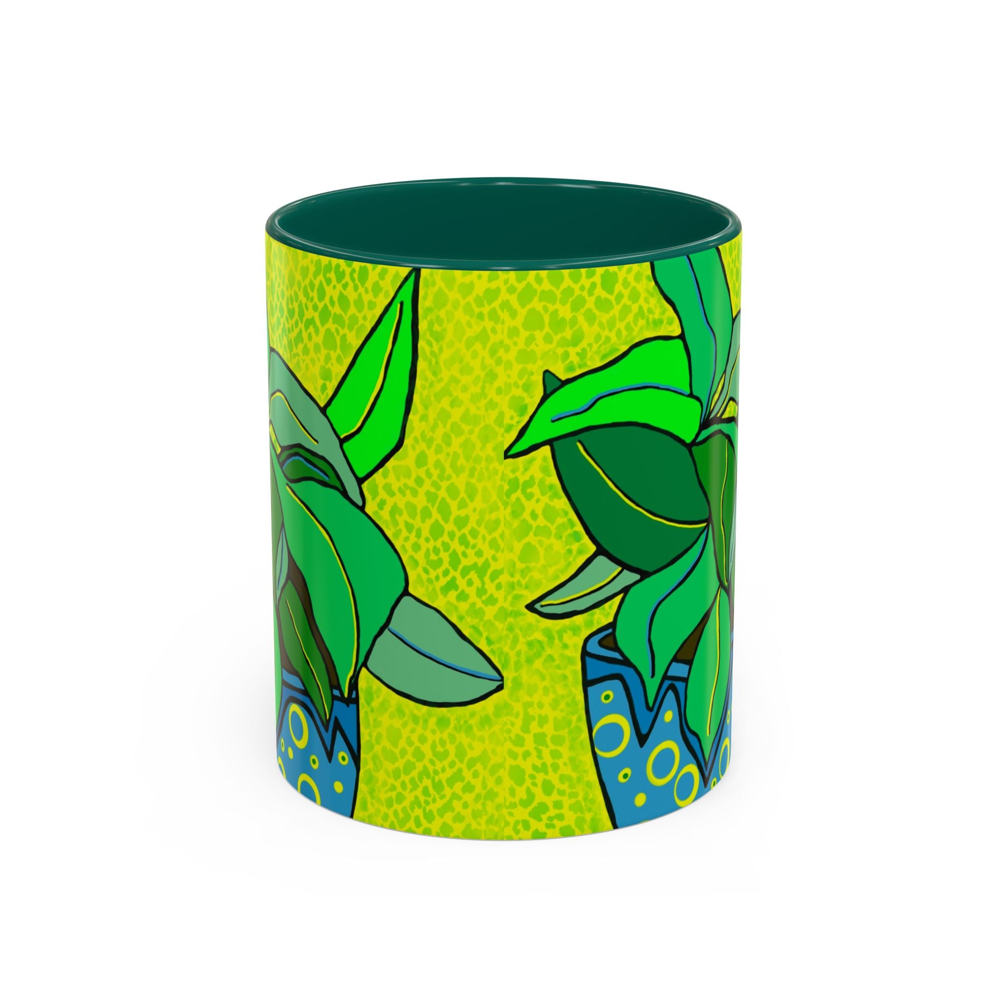 Green Potted Plant Ceramic Mug — Colorful Botanical Coffee Cup (11oz/15oz)