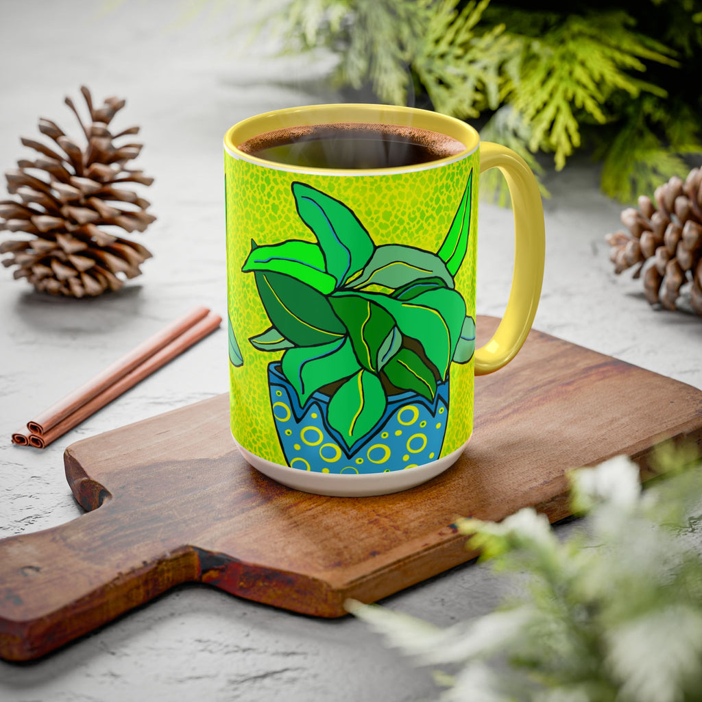 Green Potted Plant Ceramic Mug — Colorful Botanical Coffee Cup (11oz/15oz)