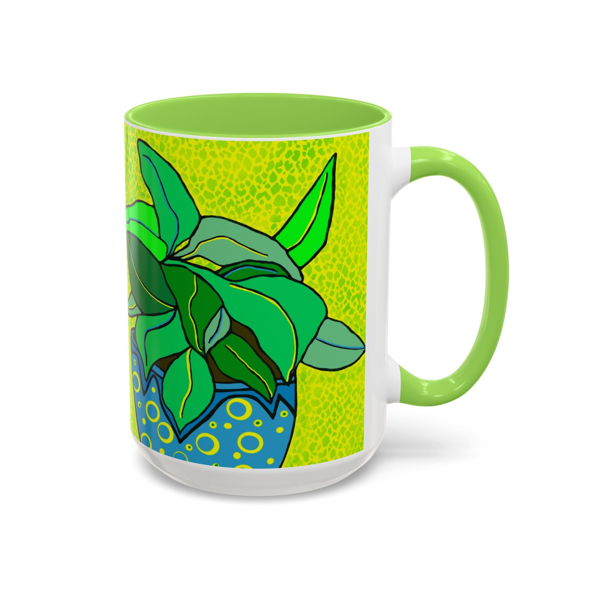 Green Potted Plant Ceramic Mug — Colorful Botanical Coffee Cup (11oz/15oz)