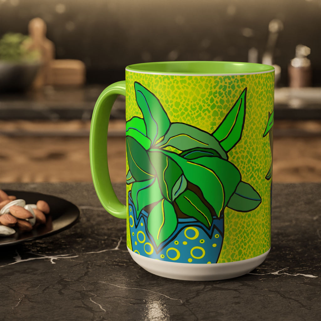 Green Potted Plant Ceramic Mug — Colorful Botanical Coffee Cup (11oz/15oz)