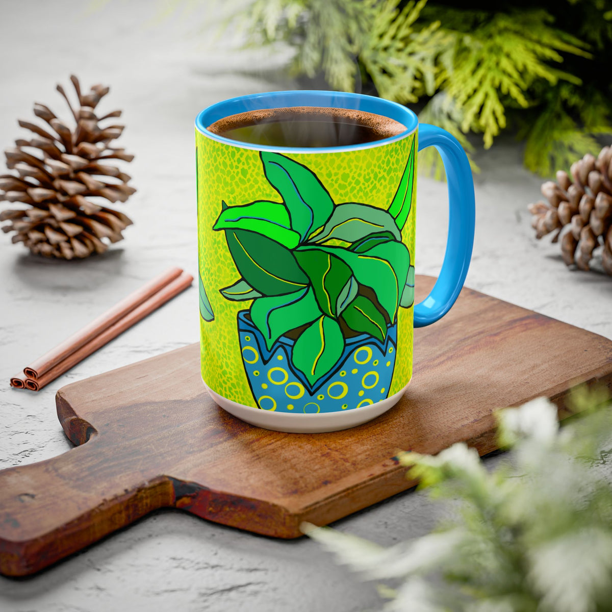 Green Potted Plant Ceramic Mug — Colorful Botanical Coffee Cup (11oz/15oz)