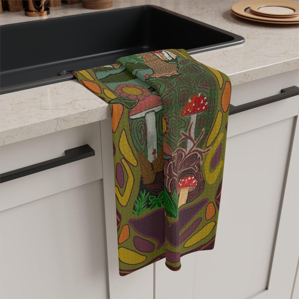 Woodland Fox Tea Towel – Autumn Mushroom Forest Microfiber Kitchen Towel