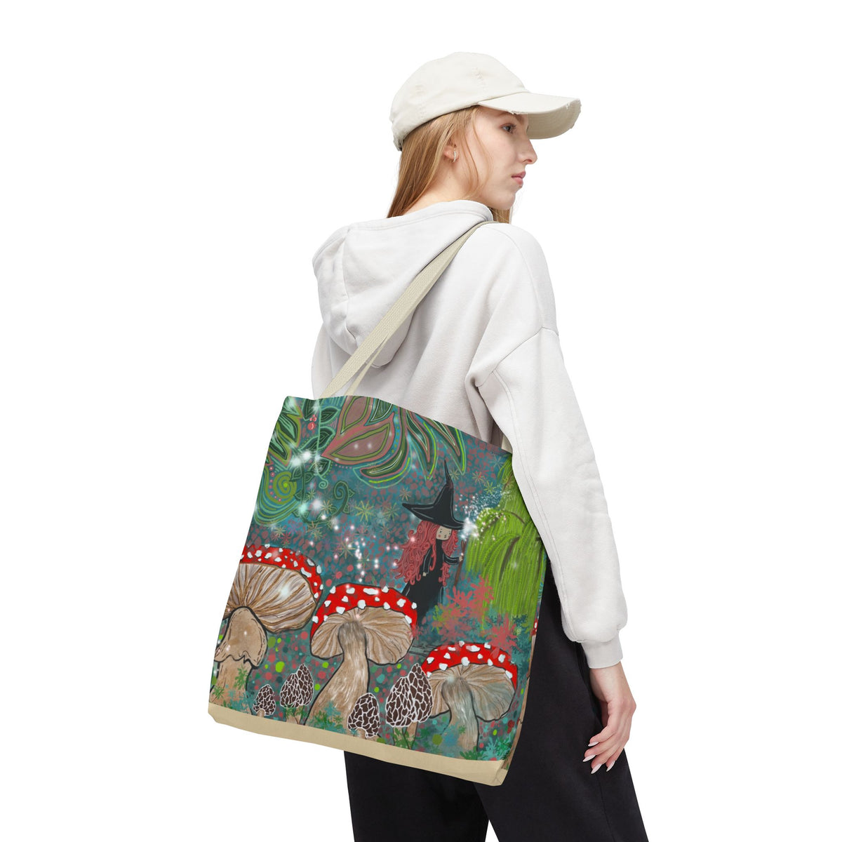Whimsical Witch & Mushrooms Tote Bag