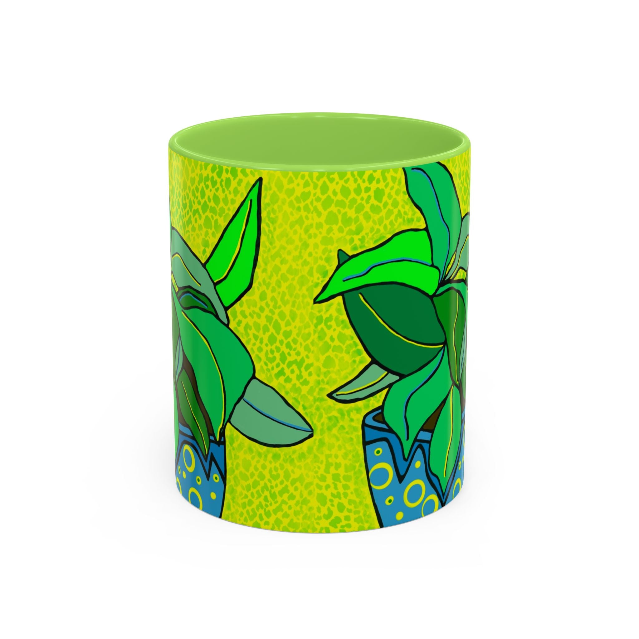 Green Potted Plant Ceramic Mug — Colorful Botanical Coffee Cup (11oz/15oz)
