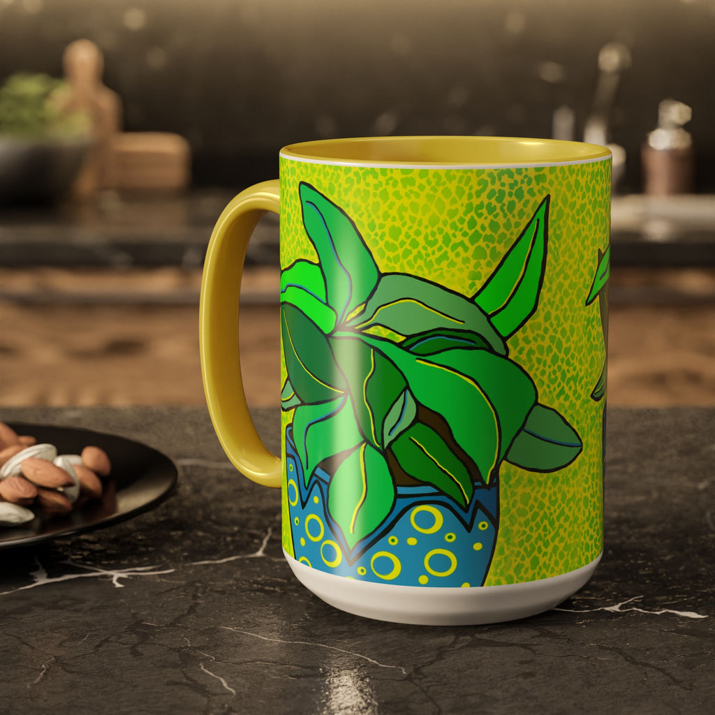 Green Potted Plant Ceramic Mug — Colorful Botanical Coffee Cup (11oz/15oz)