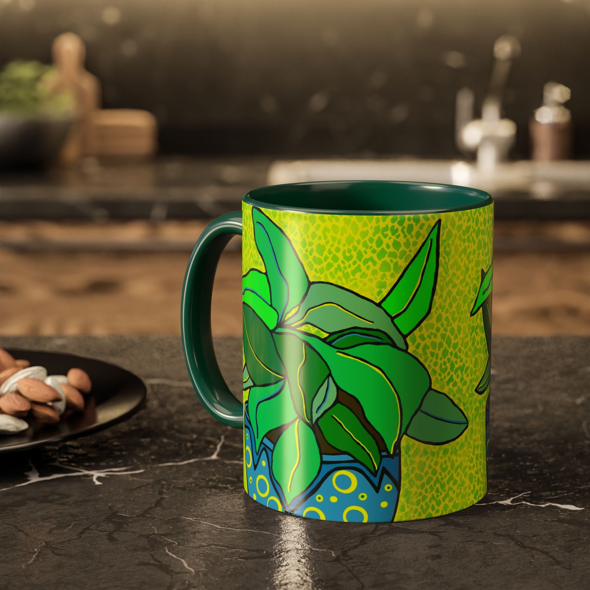 Green Potted Plant Ceramic Mug — Colorful Botanical Coffee Cup (11oz/15oz)