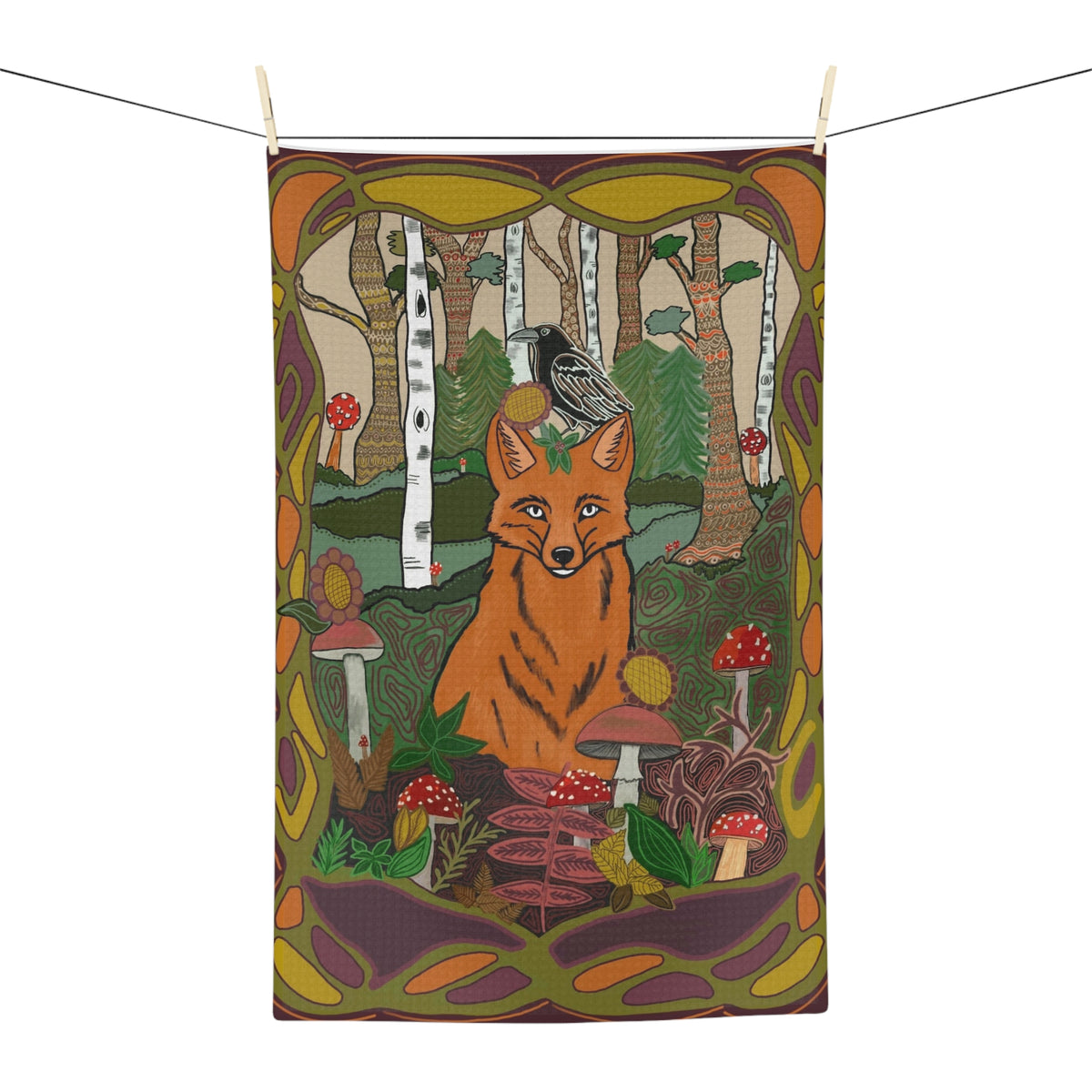 Woodland Fox Tea Towel – Autumn Mushroom Forest Microfiber Kitchen Towel