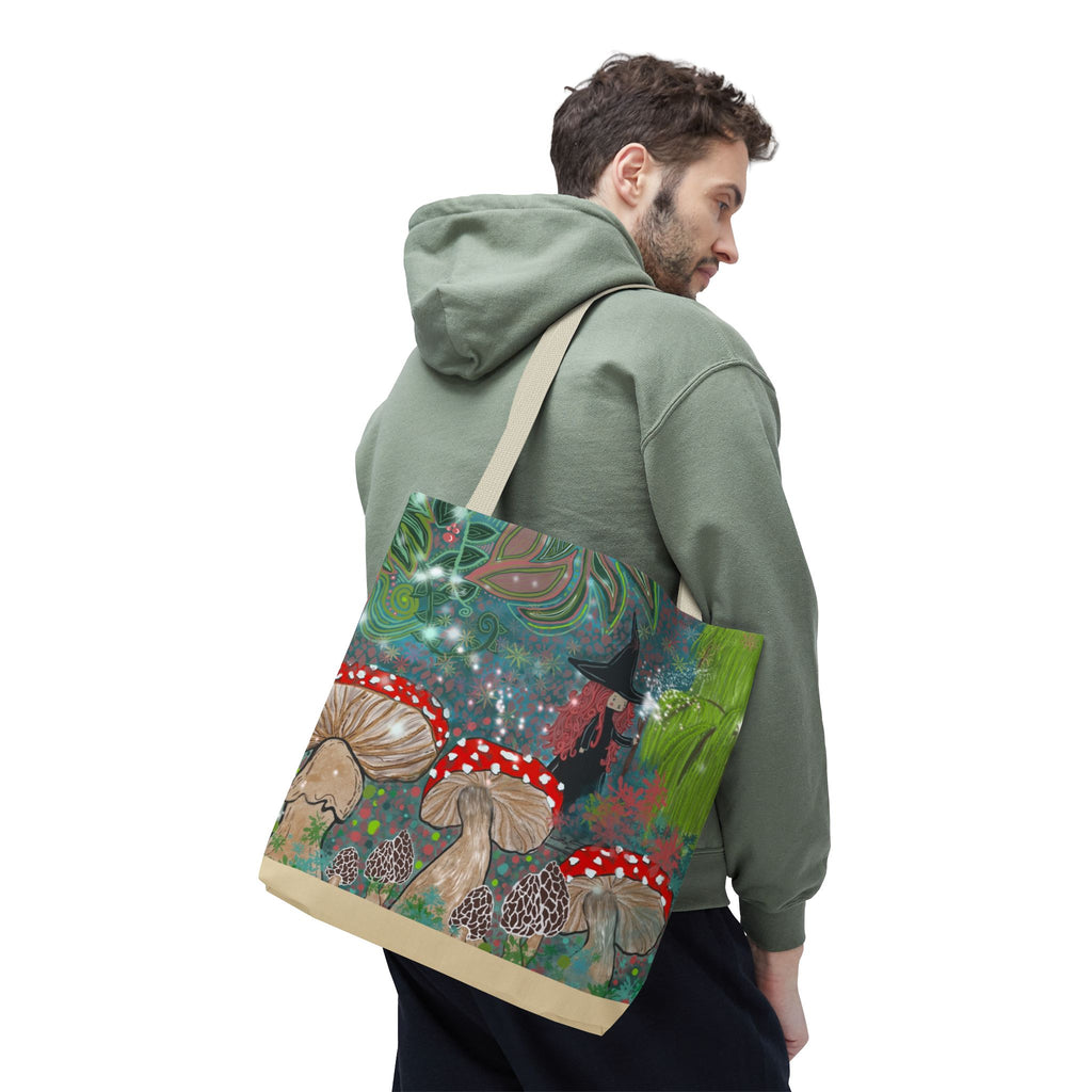 Whimsical Witch & Mushrooms Tote Bag