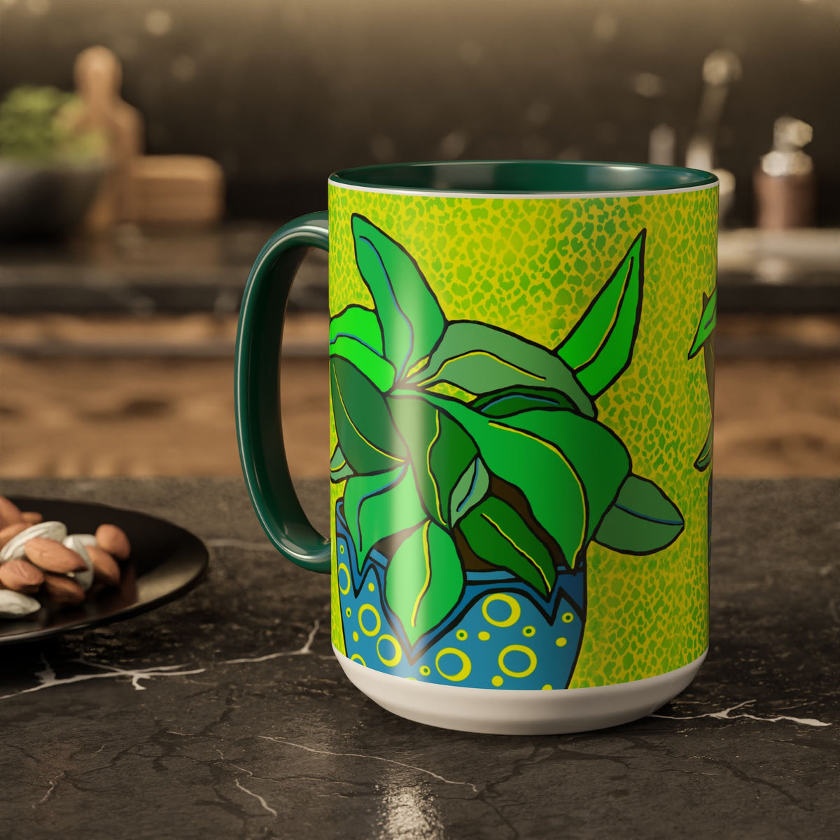 Green Potted Plant Ceramic Mug — Colorful Botanical Coffee Cup (11oz/15oz)