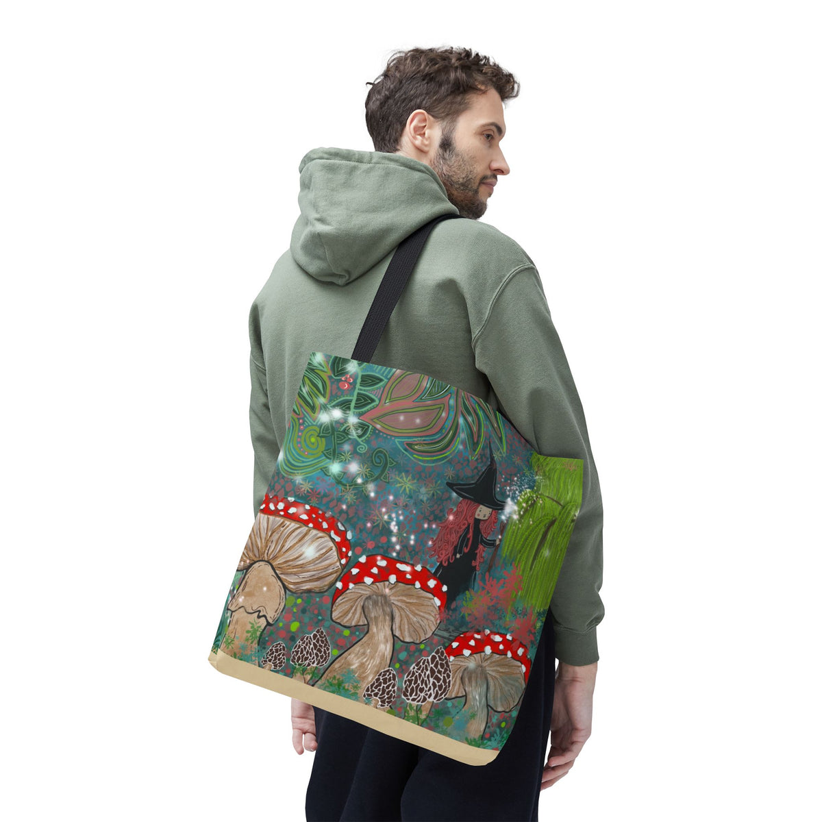 Whimsical Witch & Mushrooms Tote Bag