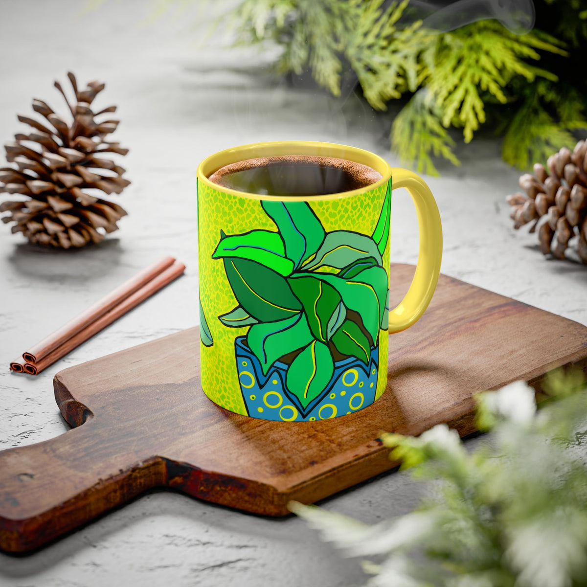 Green Potted Plant Ceramic Mug — Colorful Botanical Coffee Cup (11oz/15oz)