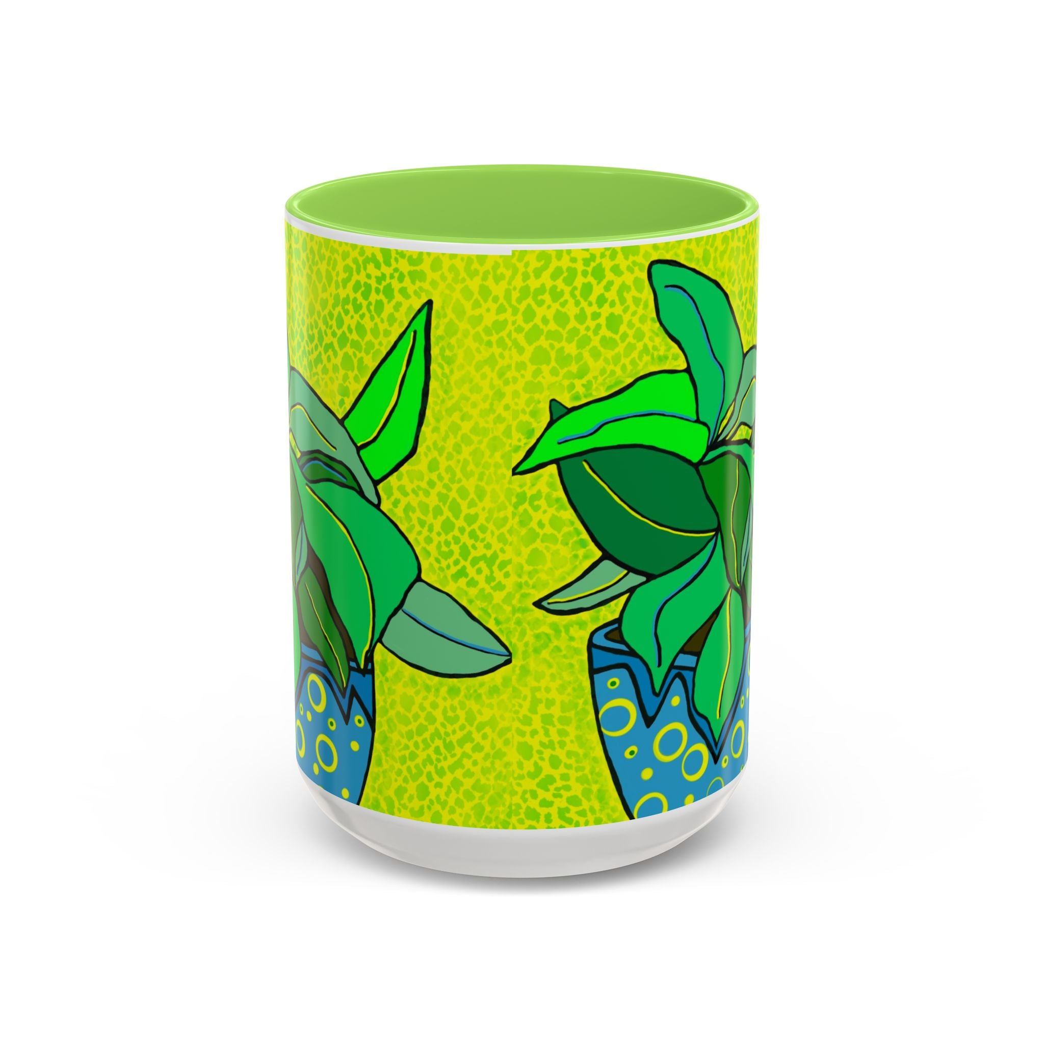 Green Potted Plant Ceramic Mug — Colorful Botanical Coffee Cup (11oz/15oz)