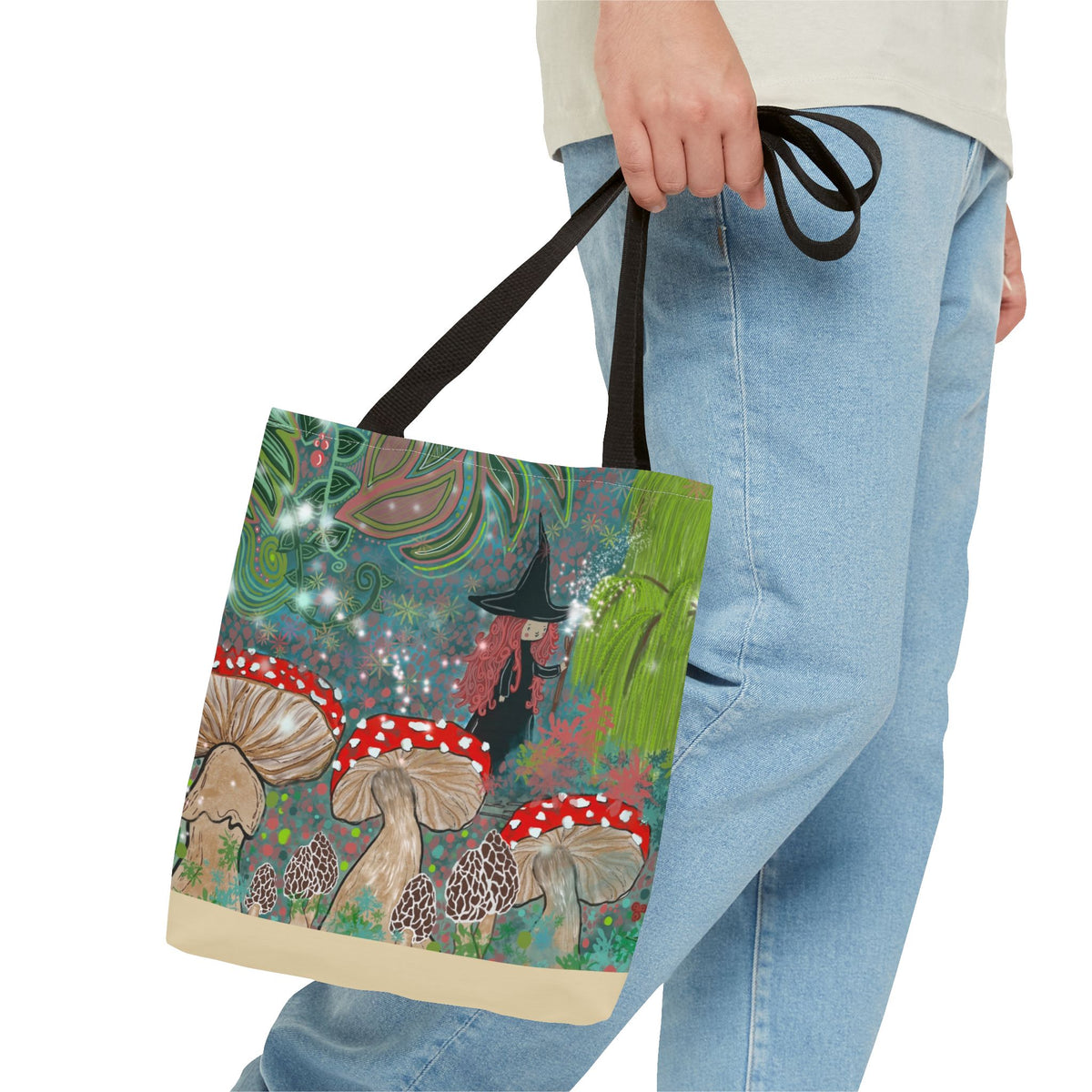 Whimsical Witch & Mushrooms Tote Bag
