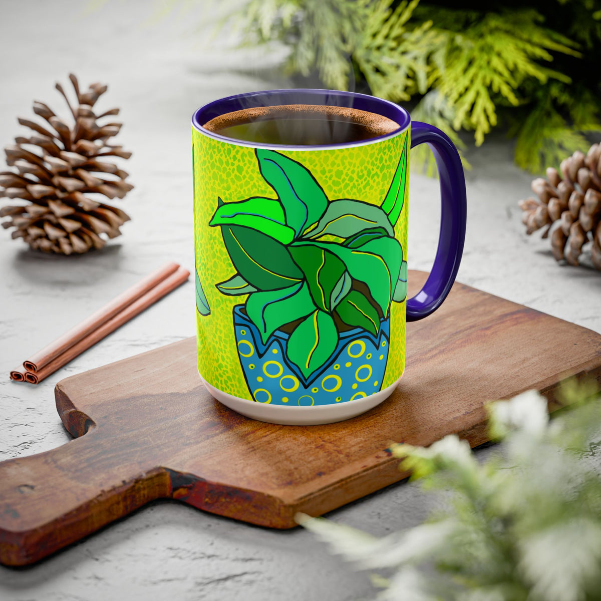 Green Potted Plant Ceramic Mug — Colorful Botanical Coffee Cup (11oz/15oz)