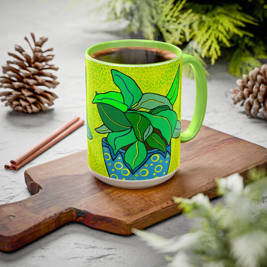 Green Potted Plant Ceramic Mug — Colorful Botanical Coffee Cup (11oz/15oz)