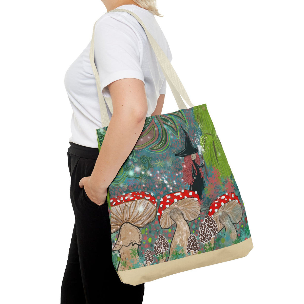 Whimsical Witch & Mushrooms Tote Bag