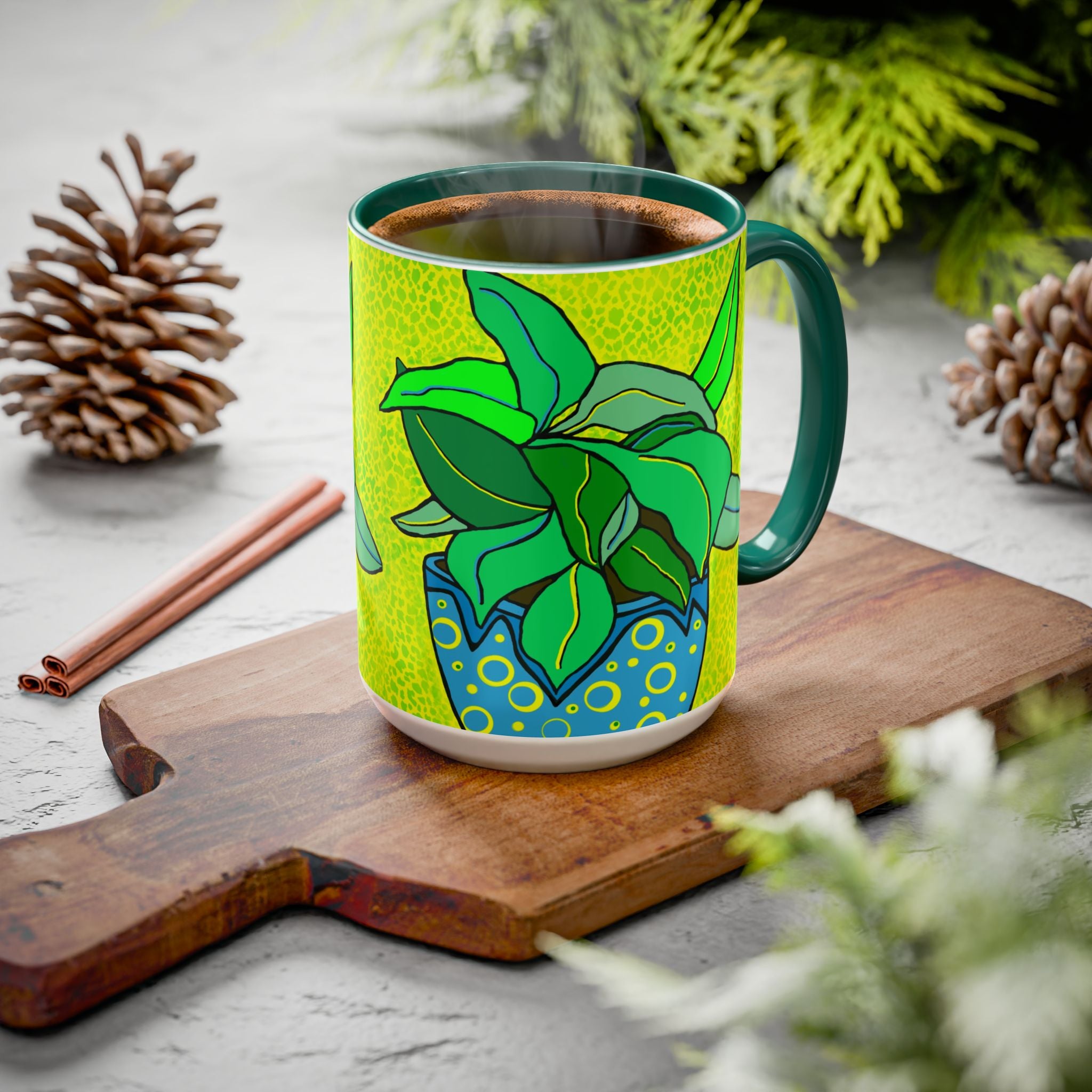 Green Potted Plant Ceramic Mug — Colorful Botanical Coffee Cup (11oz/15oz)