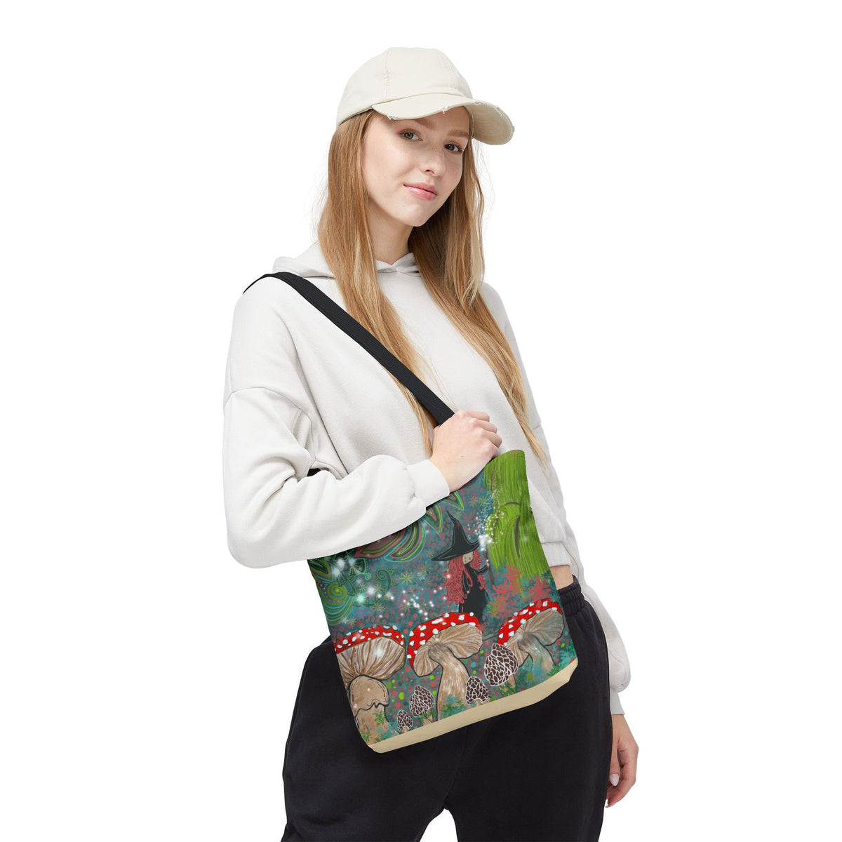 Whimsical Witch & Mushrooms Tote Bag