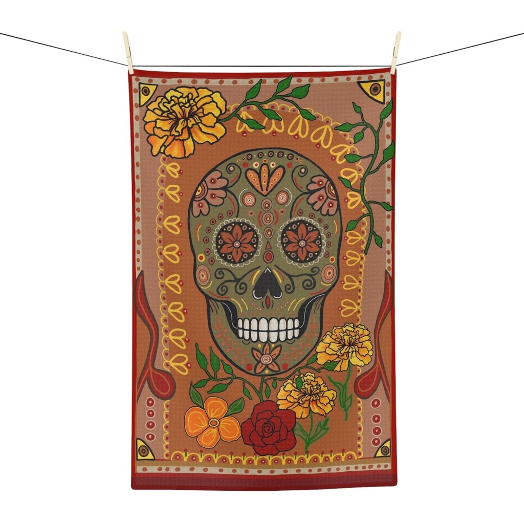 Sugar Skull Tea Towel — Floral Marigold Kitchen Towel