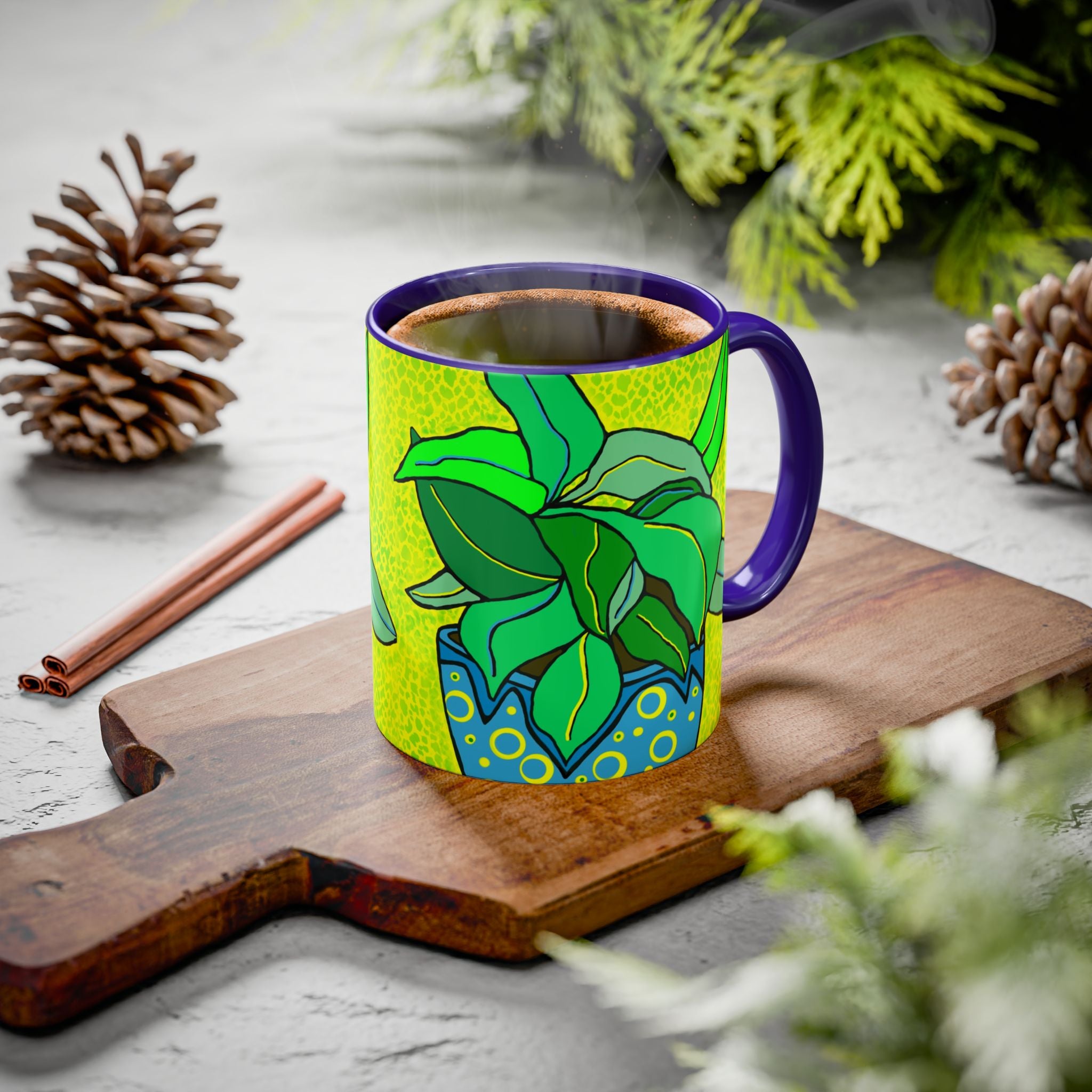 Green Potted Plant Ceramic Mug — Colorful Botanical Coffee Cup (11oz/15oz)
