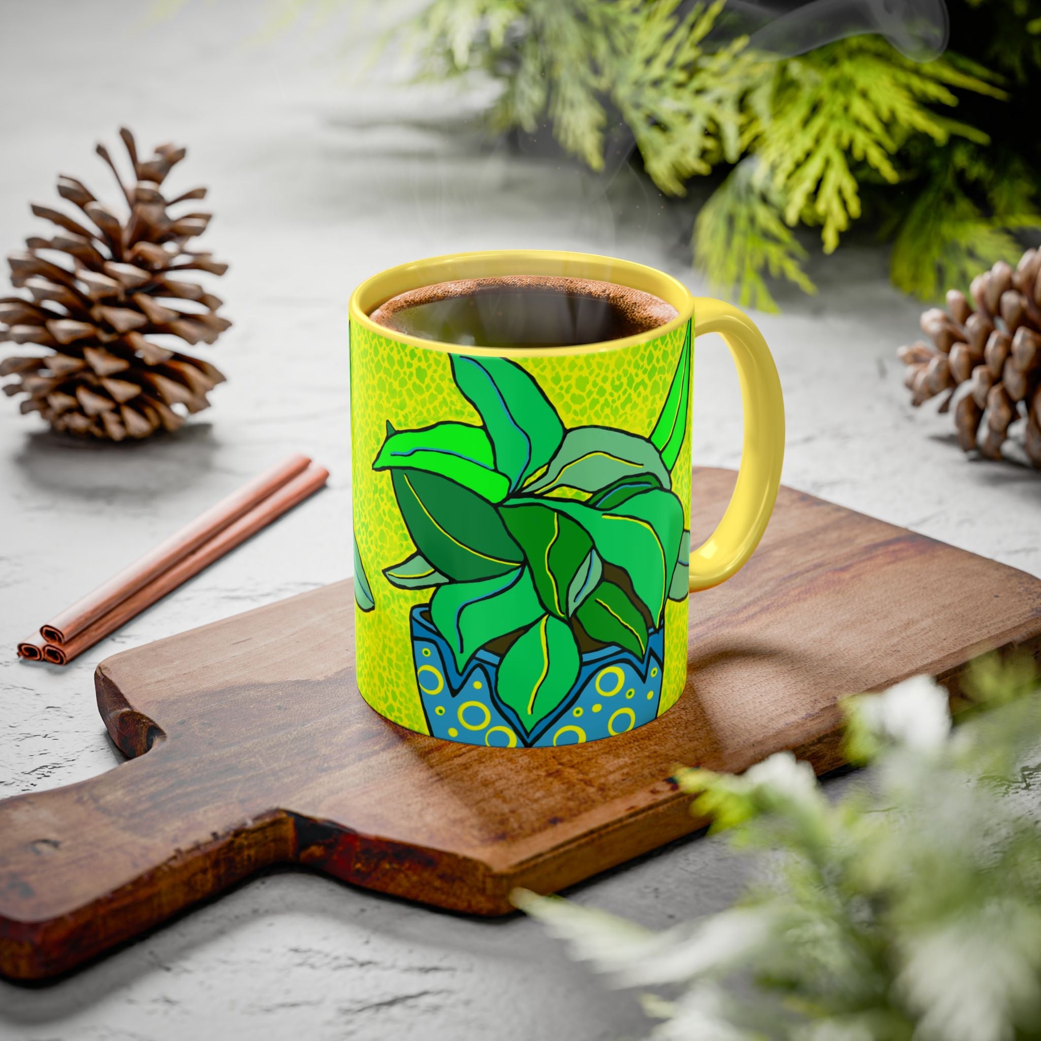 Green Potted Plant Ceramic Mug — Colorful Botanical Coffee Cup (11oz/15oz)