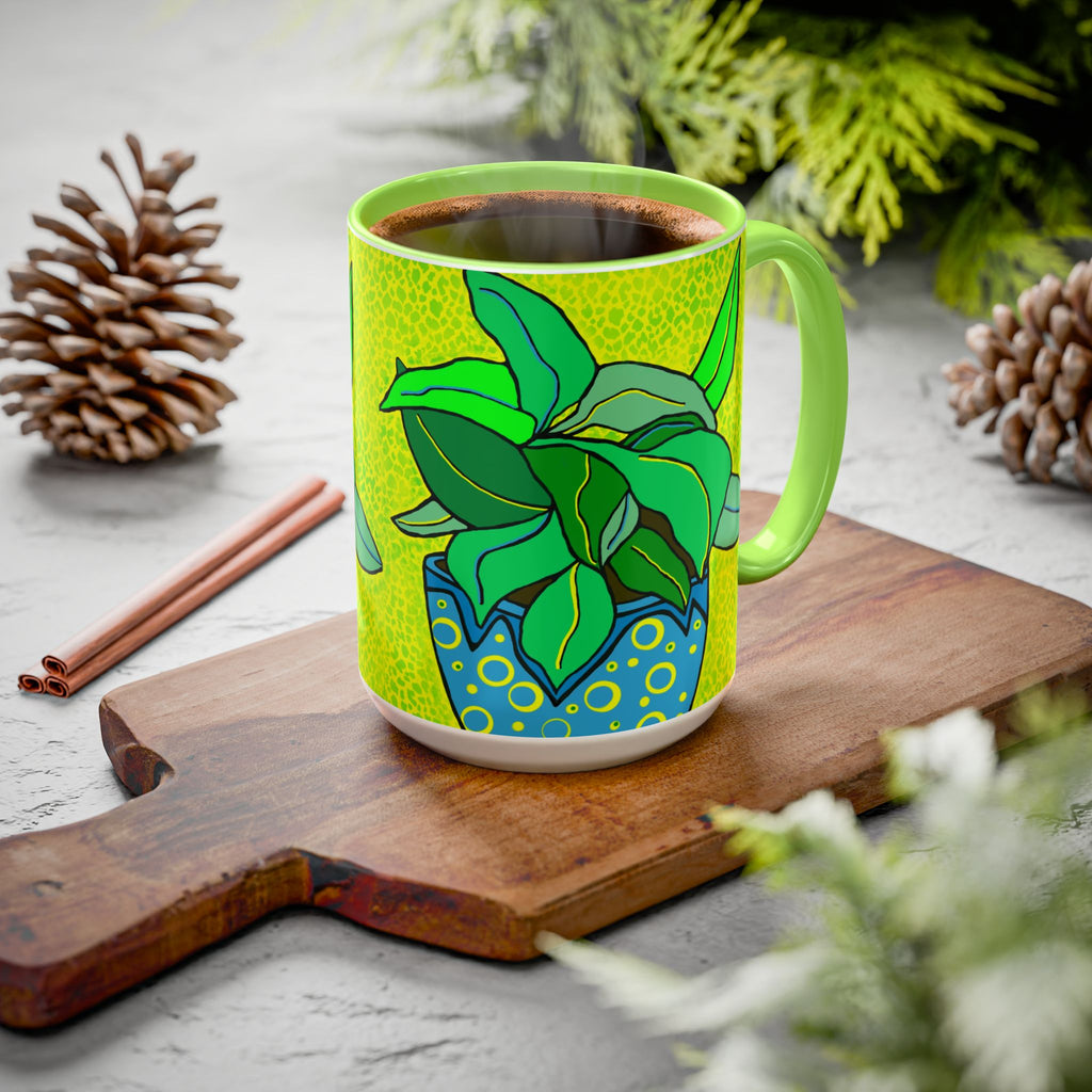Green Potted Plant Ceramic Mug — Colorful Botanical Coffee Cup (11oz/15oz)