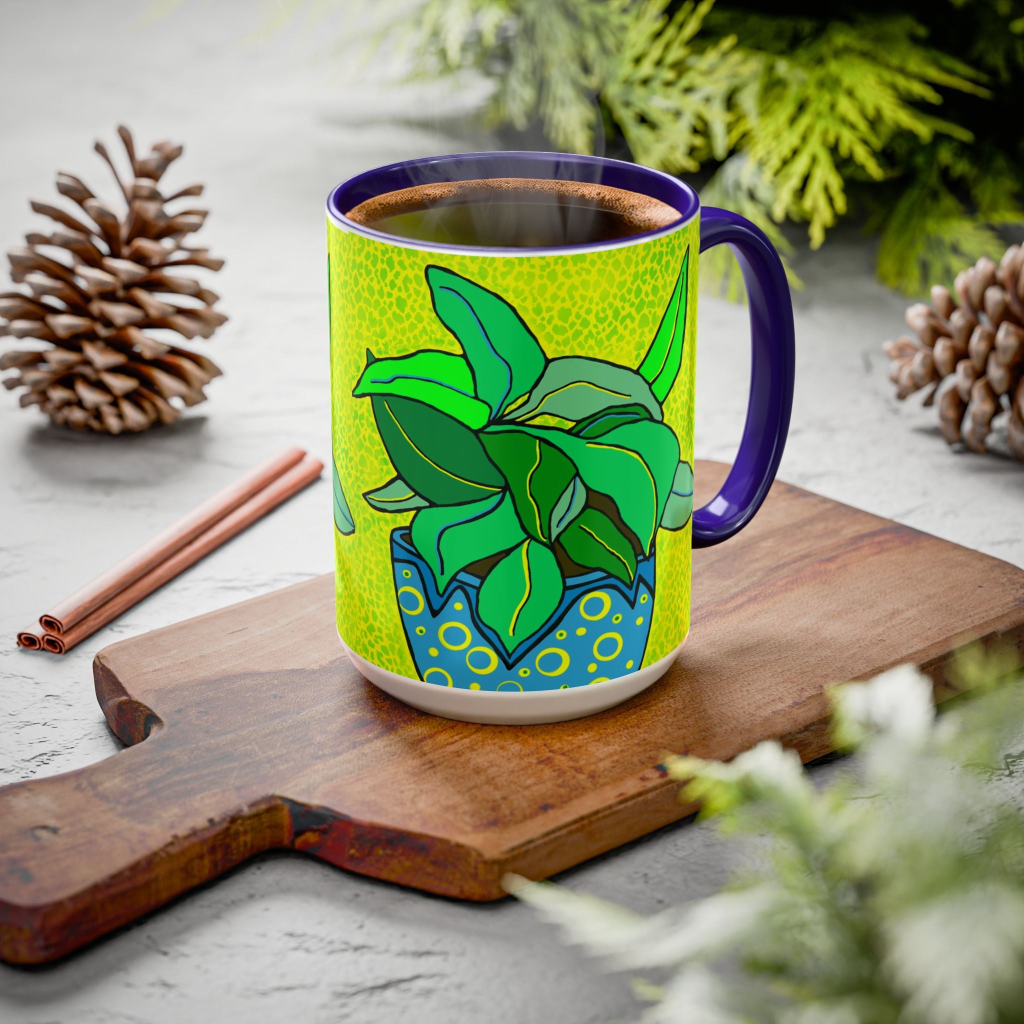 Green Potted Plant Ceramic Mug — Colorful Botanical Coffee Cup (11oz/15oz)