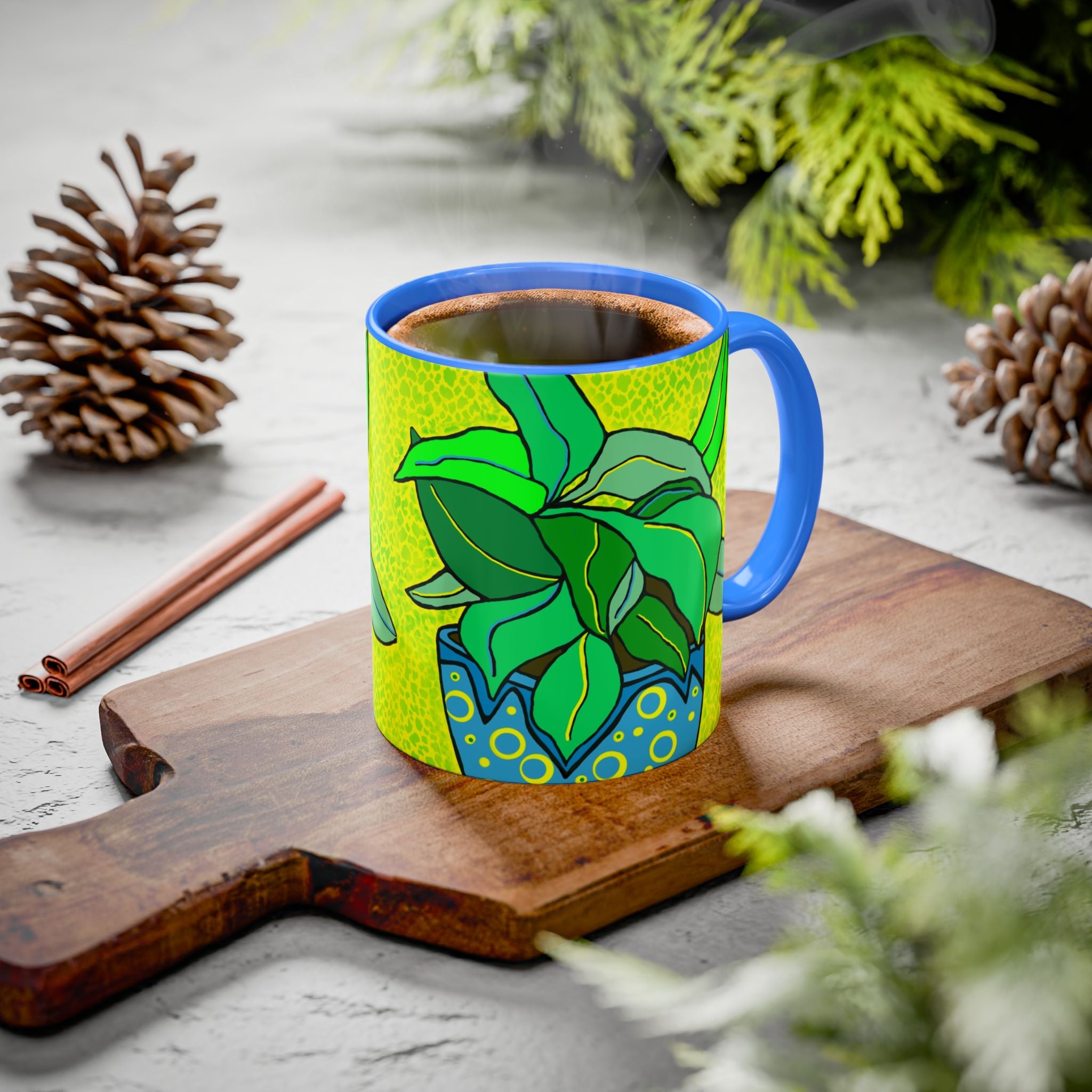 Green Potted Plant Ceramic Mug — Colorful Botanical Coffee Cup (11oz/15oz)