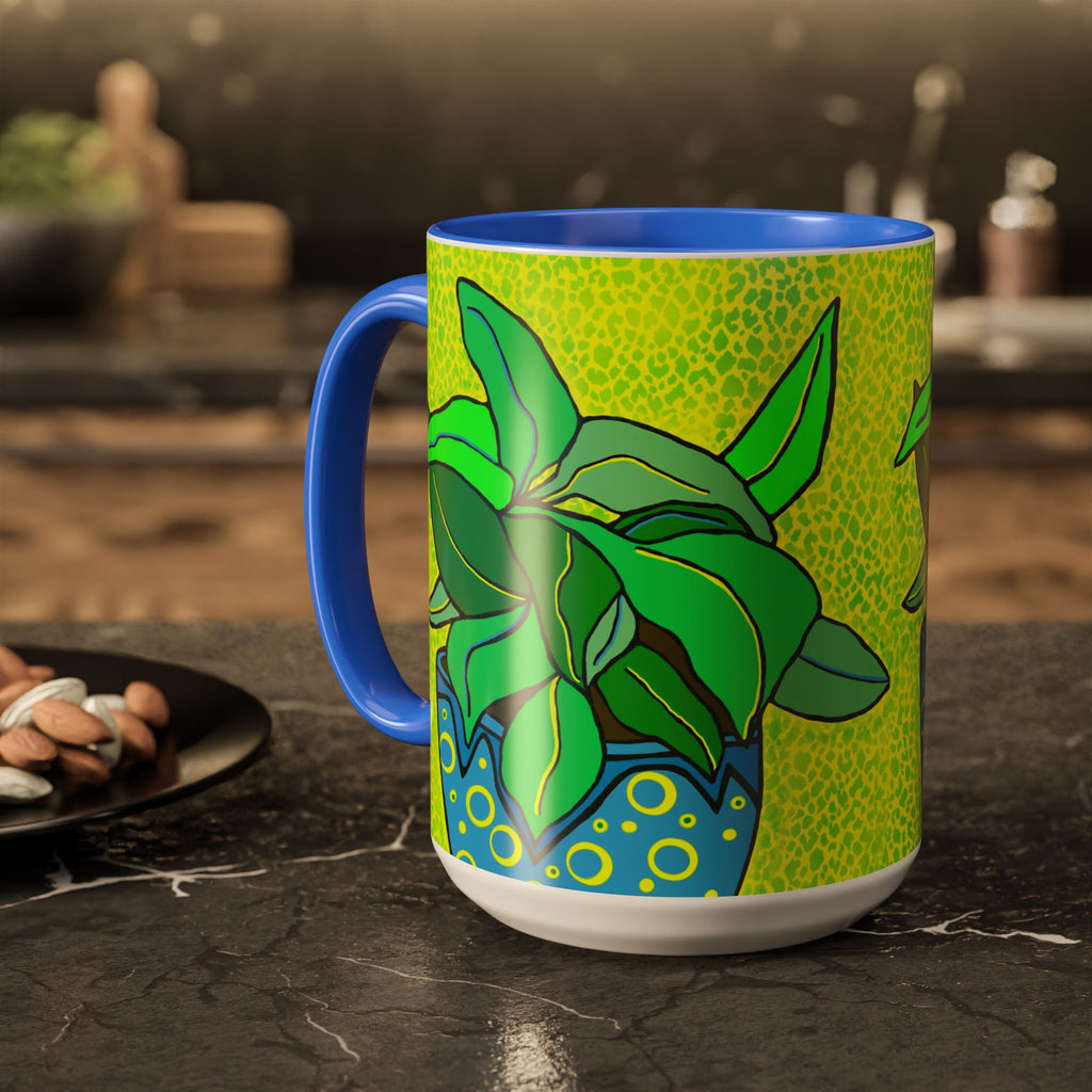 Green Potted Plant Ceramic Mug — Colorful Botanical Coffee Cup (11oz/15oz)
