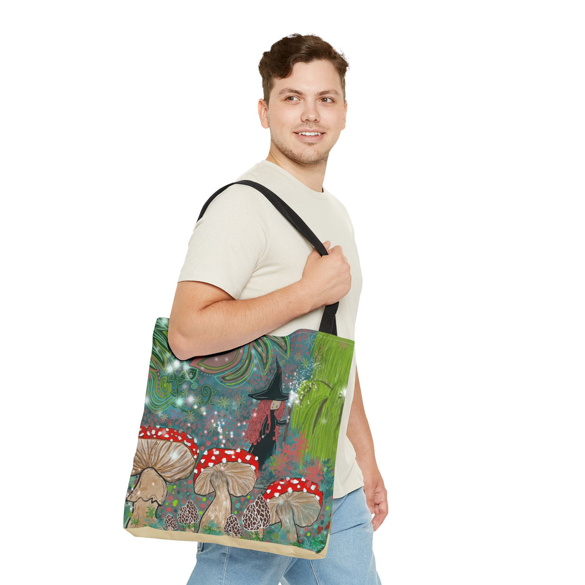 Whimsical Witch & Mushrooms Tote Bag