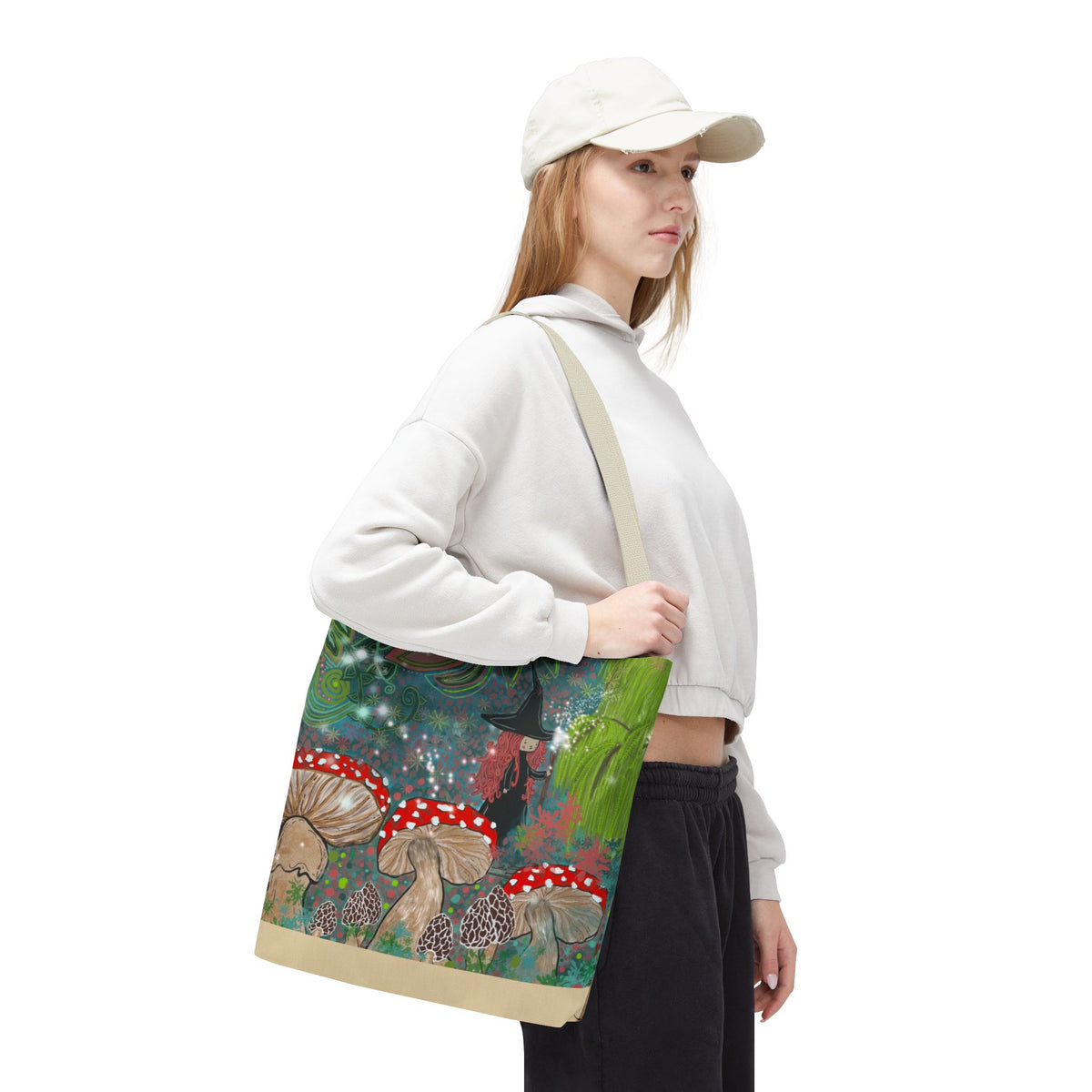Whimsical Witch & Mushrooms Tote Bag