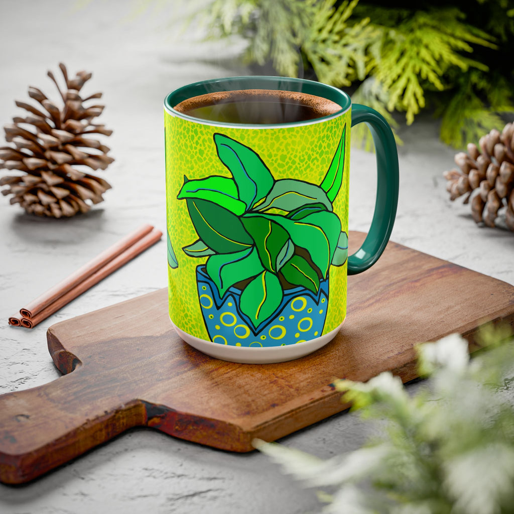 Green Potted Plant Ceramic Mug — Colorful Botanical Coffee Cup (11oz/15oz)