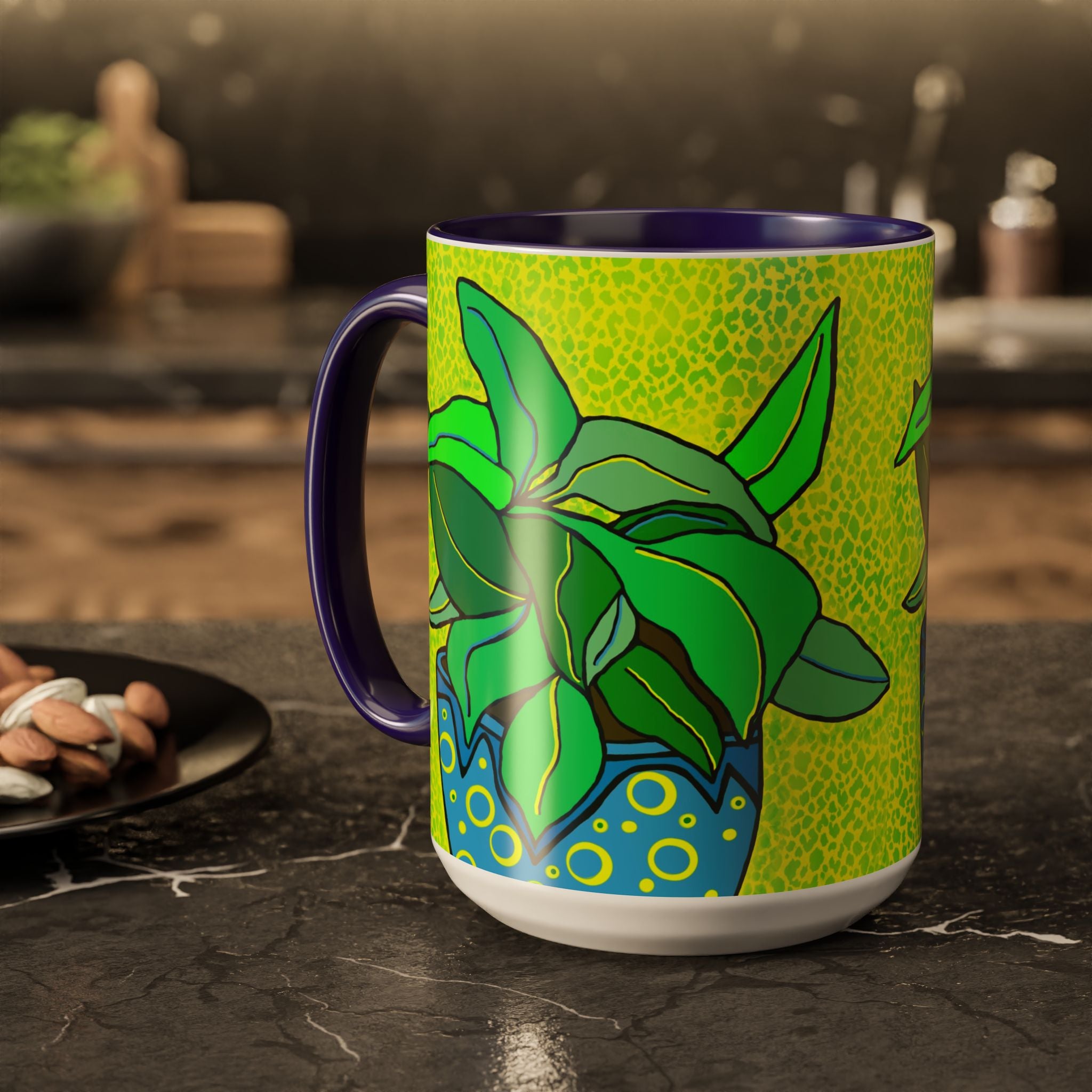 Green Potted Plant Ceramic Mug — Colorful Botanical Coffee Cup (11oz/15oz)