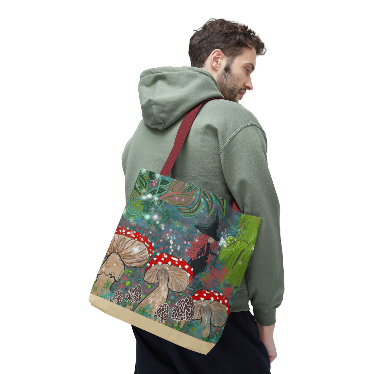 Whimsical Witch & Mushrooms Tote Bag