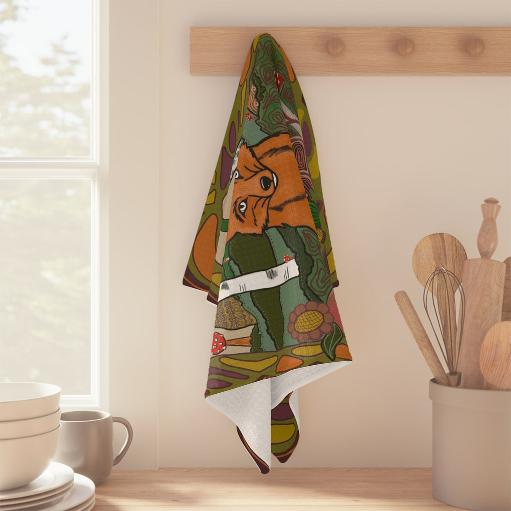 Woodland Fox Tea Towel – Autumn Mushroom Forest Microfiber Kitchen Towel