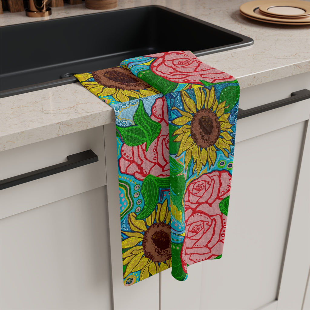 Sunflower and Rose Floral Microfiber Tea Towel