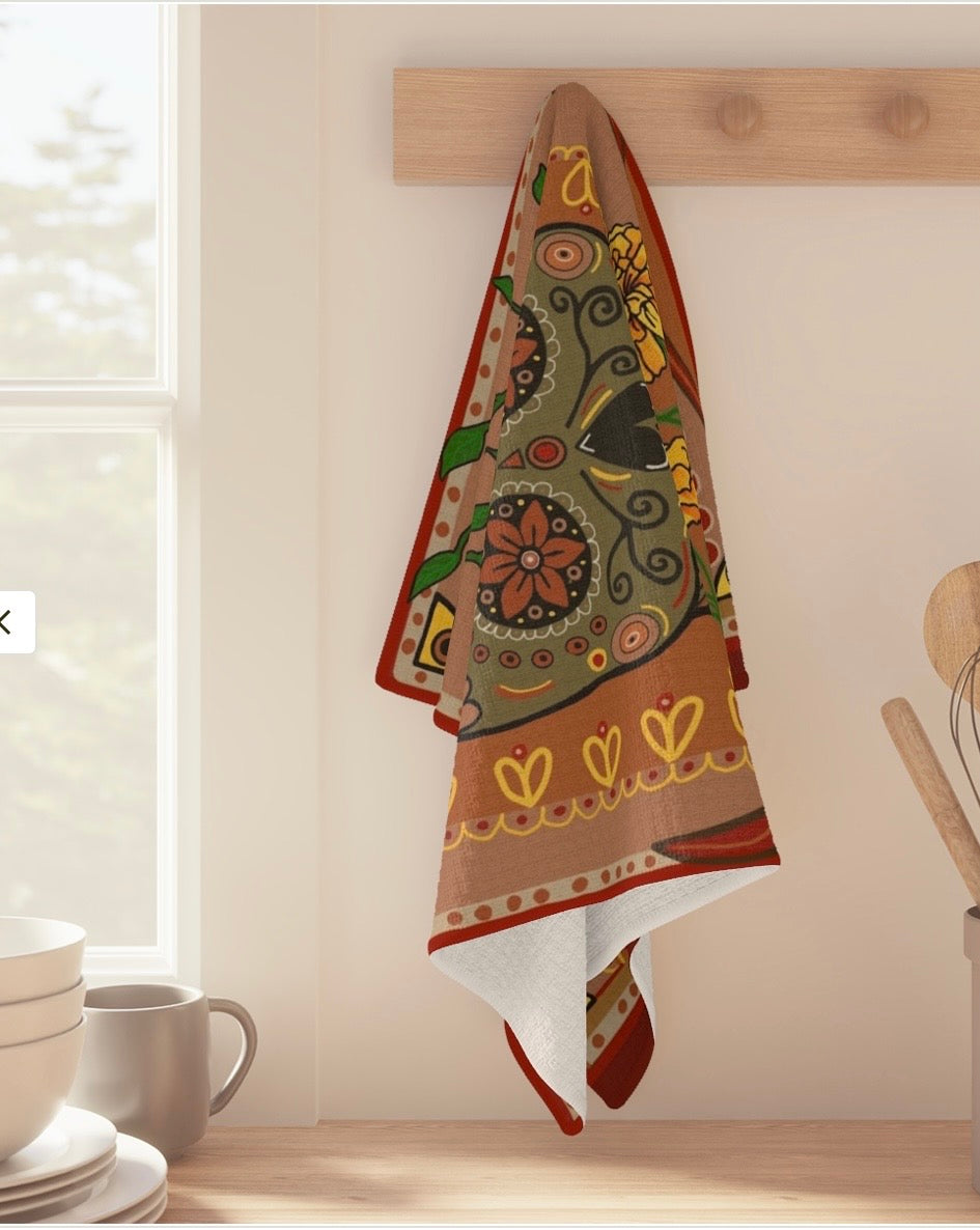 Sugar Skull Tea Towel — Floral Marigold Kitchen Towel