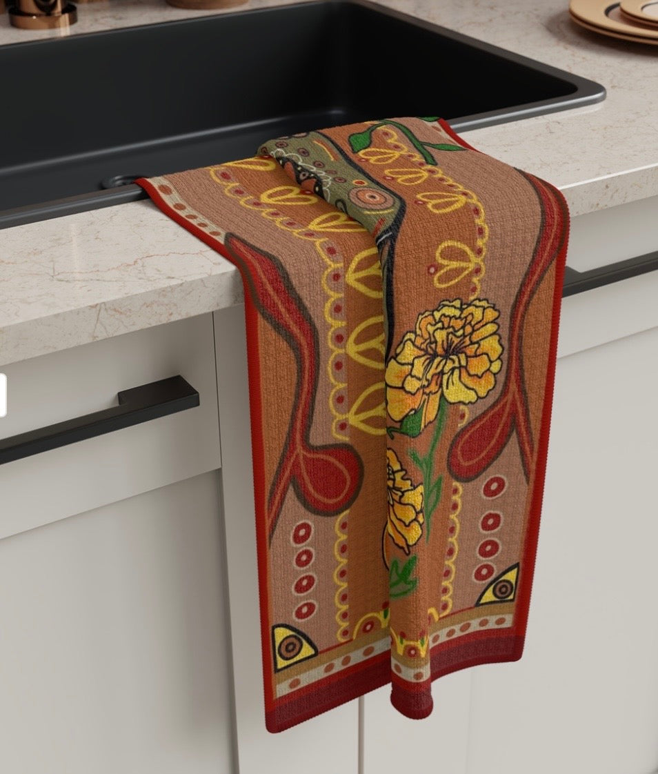 Sugar Skull Tea Towel — Floral Marigold Kitchen Towel